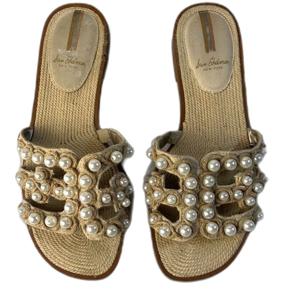 Sam Edelman Bay Pearl Summer Sand Raffia Embellished Slide Sandals